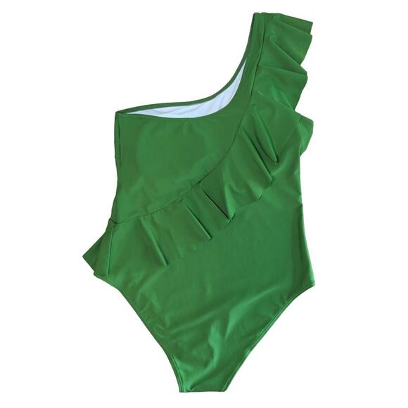 Vibrant Green One-Shoulder Ruffle One Piece - Picture 2 of 10